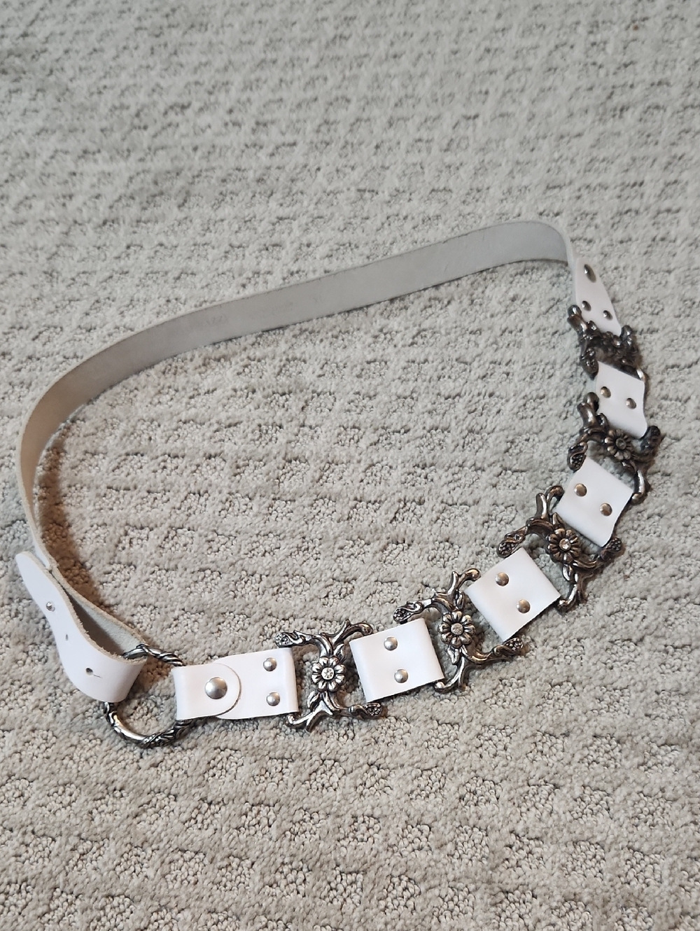 Lorena Antoniazzi White Leather Floral Embossed Silver Pewter XL Waist Belt